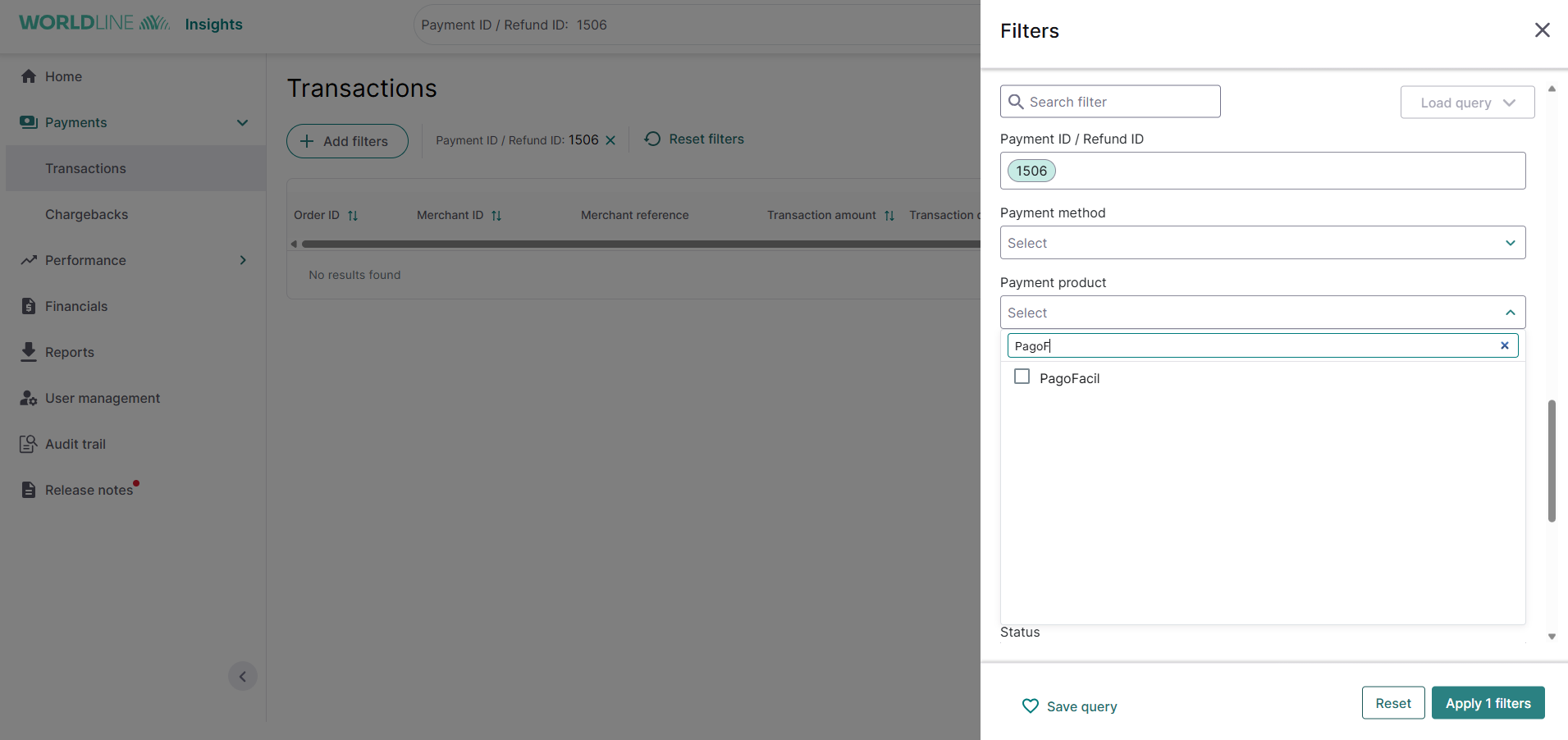 Worldline Insights Transactions page with Filters panel open, showing Pago Facil searched in the Payment product dropdown.